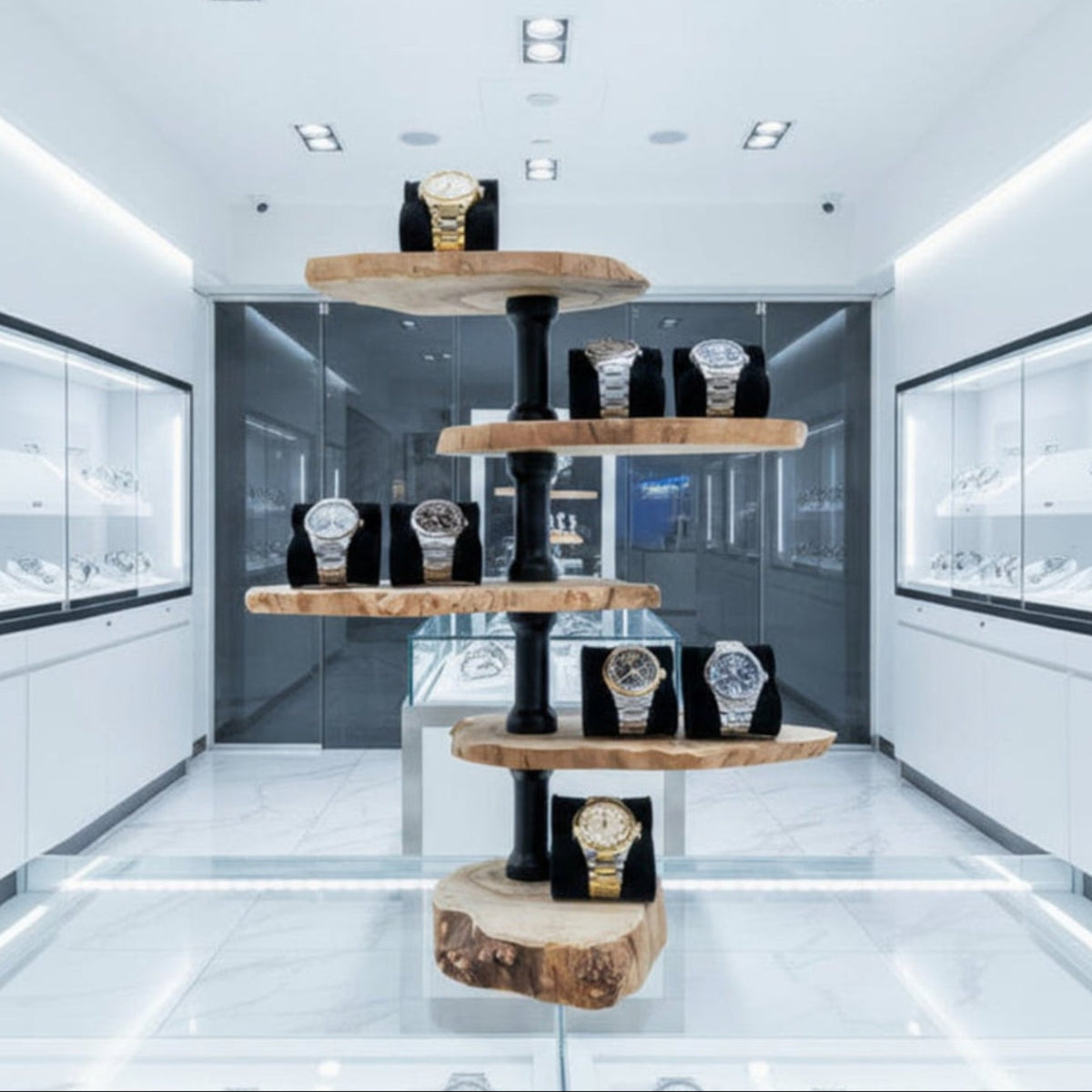 Massivholz-Etagere aus Walnuss-schwarze Säulen - Handgefertigtes Kunstobjekt & Unikat