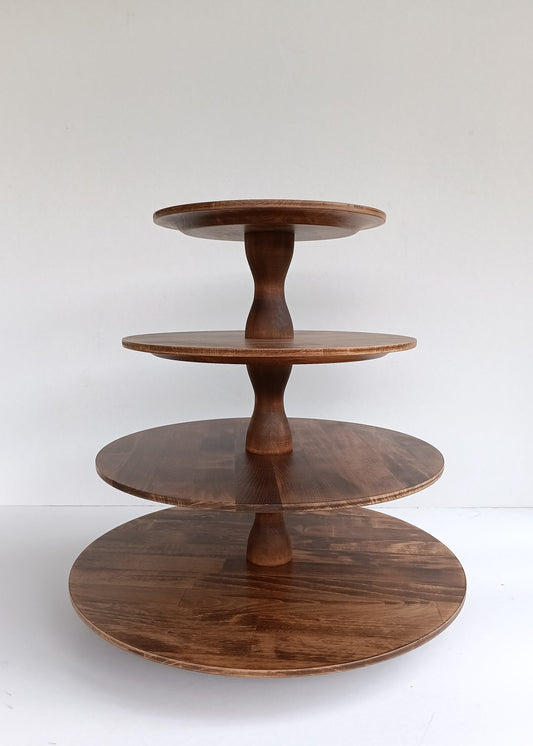 Handcrafted wooden etagere, antique brown, 4 tiers, modern columns