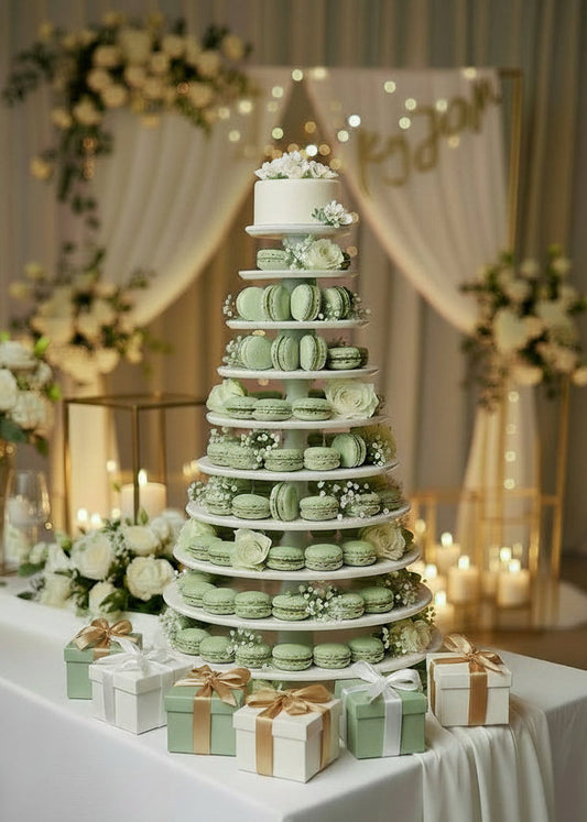 Macaron Etagere Turm Vario Stand handgefertigt aus Holz Farbe Weiß 10 Etagen