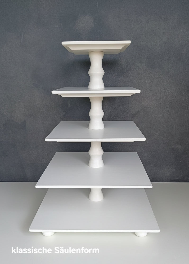 Etagere Cup Cake Ständer Stand Pyramid handgefertigt quadratisch aus Buchenholz 5- Etagen Farbe weiß shabby chic Säulen wahlweise klassisch oder modern