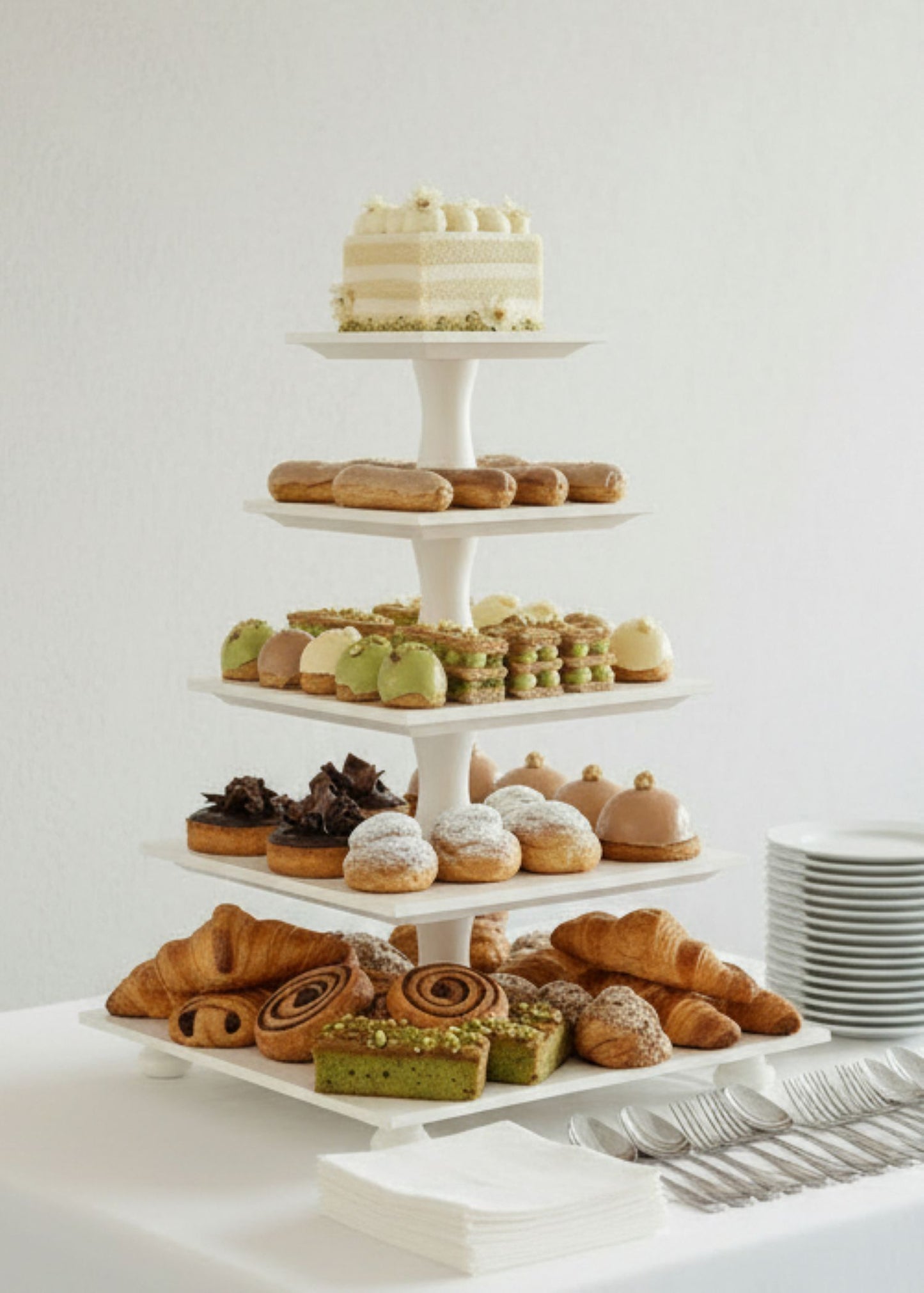 Etagere Cup Cake Ständer Stand Pyramid handgefertigt quadratisch aus Buchenholz 5- Etagen Farbe weiß shabby chic Säulen modern