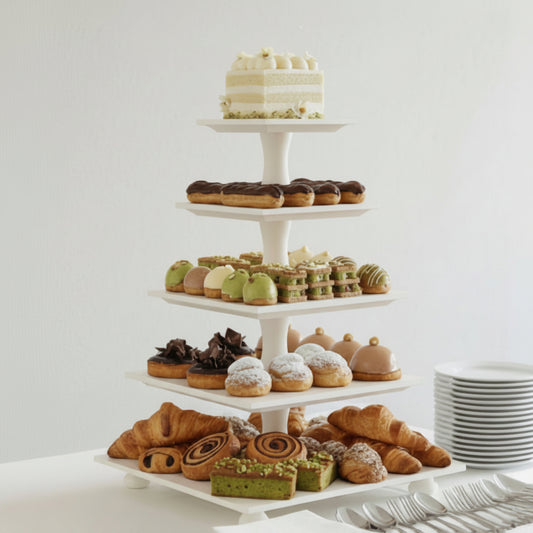Tiered Cupcake Stand Asia Pyramid handmade square from beech wood 5-tier white shabby chic columns classic or modern
