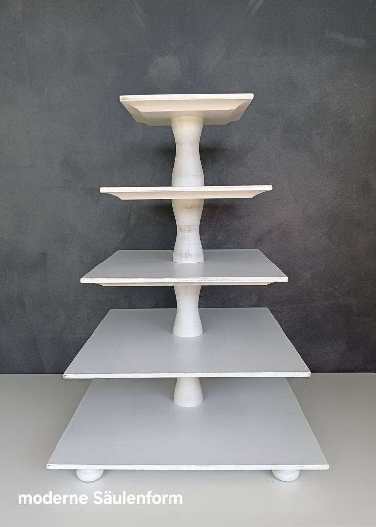 Etagere Cup Cake Ständer Stand Pyramid handgefertigt quadratisch aus Buchenholz 5- Etagen Farbe weiß shabby chic Säulen wahlweise klassisch oder modern